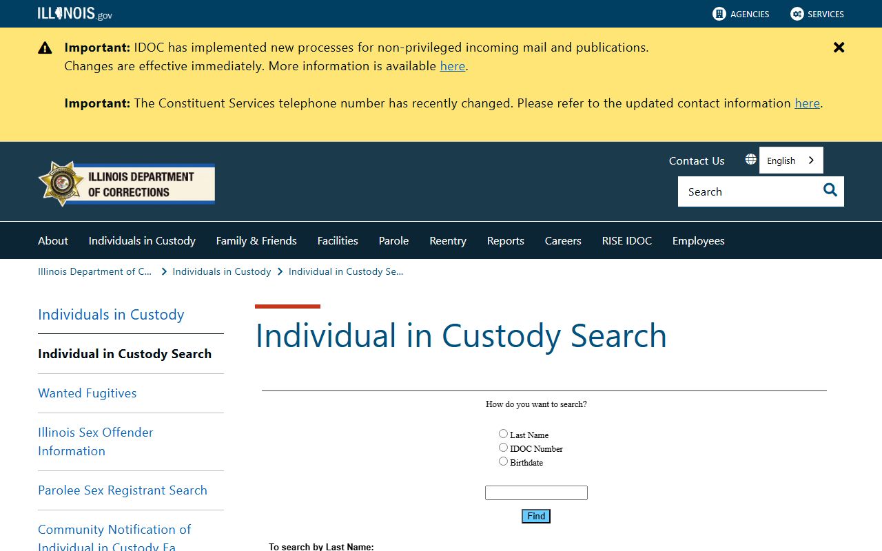 Illinois IDOC inmate population individual in custody search