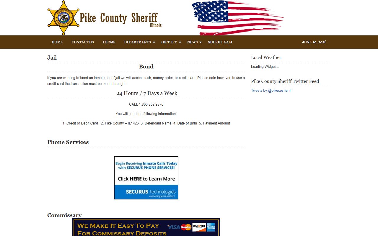 Pike County Jail information page with bond visitation and commissary sections