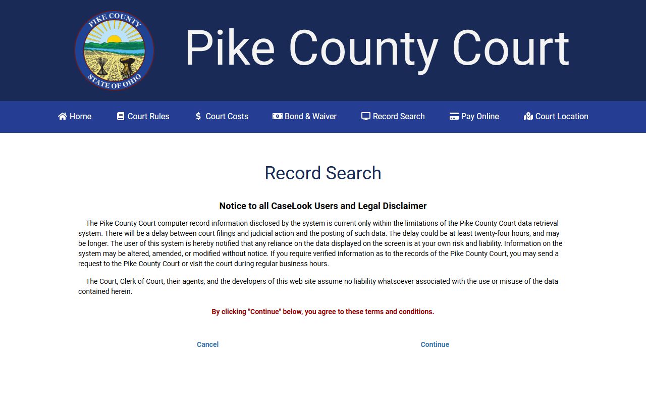 Pike County court records after arrest CaseLook disclaimer page